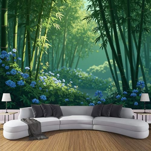 ZISTRCBAO Bambù Floreale Carta Da Parati Panoramica in Seta, Verde Scuro Carta Da Parati 150x105cm, Scenario Naturale Decorazioni Da Parete per Camera Da Letto Soggiorno Poster Da Parete