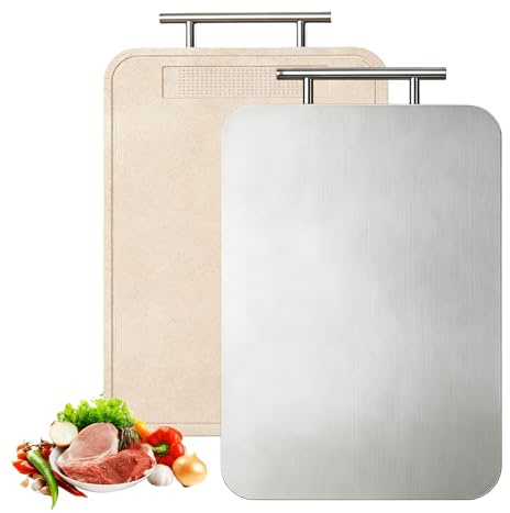 VEGOATY Tabla de cortar de acero inoxidable de doble cara: tabla de corte de acero inoxidable 304, duradera e higiénica, tabla de cortar de doble cara para carne, verduras y pan, fácil de limpiar (36