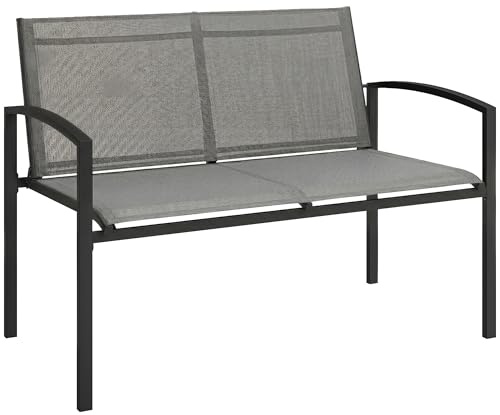 Outsunny Panchina da Giardino da 2 Posti in Texteline, Panchina da Esterno con Braccioli Curvi in Metallo, Panca per Terrazza Patio e Cortile, Balcone, 112x66x80cm, Grigio