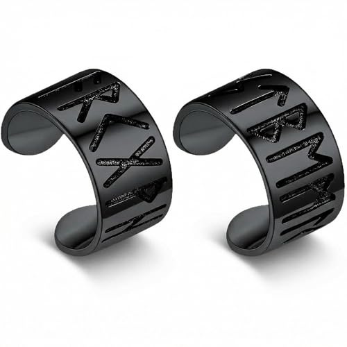 Viking Rune Hoop and Cuff Earrings for Men and Women, Stainless Steel Black Punk Earcuffs, Onyx Norse Rune Studs and Clip-On Jewellery Accessories, Gothic Norse Mythology Earring Set