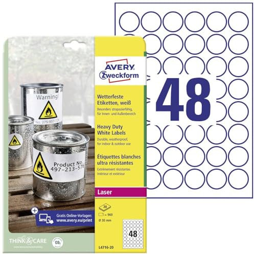 AVERY Zweckform L4716-20 Wetterfeste Folienetiketten (960 Klebeetiketten, Ø30mm auf A4, extrem stark selbstklebend, wasserfest, strapazierfähig, bedruckbare Outdoor Klebefolie) 20 Blatt, weiß