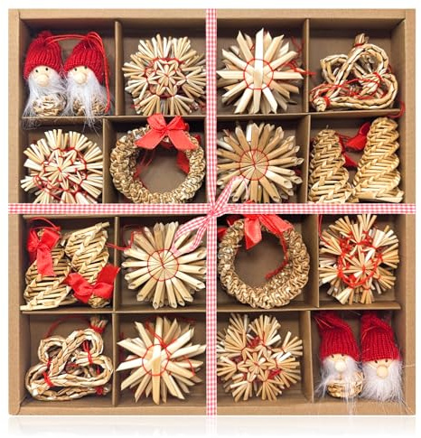 COM-FOUR® Set di stelle di paglia da 56 pezzi - stelle, campanelle, abeti e figure tradizionali come decorazioni per l'albero di Natale - piccoli pendenti di paglia - arazzi naturali