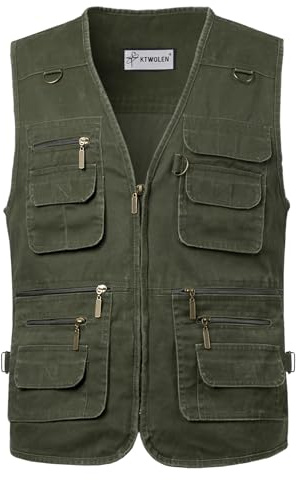 KTWOLEN Herren Outdoor Weste mit Multi-Taschened Anglerweste Jagd- und Angler Camping Wandern Weste Freizeit Ärmellos Jacke, Grün, XL