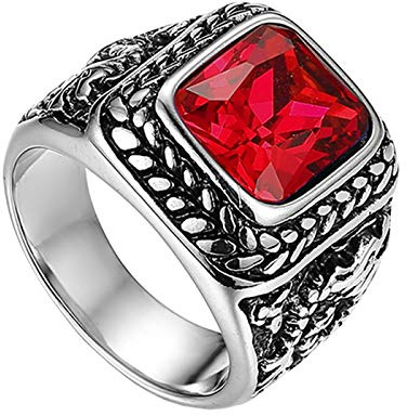 Flongo mäns ring män ringar tumring bandring sigillring med glas ädelsten silver röd svart blå drake snideri klassisk retro charm herrtillbehör, 67 (21.3), Glas
