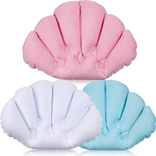 3 Pieces Inflatable Bath Pillow with Suction Cups, Terry Cloth Covered Shell Shape Bathtub Spa Pillow Comfortable Soft Cushion, Neck Support(Pink, Blue, White)