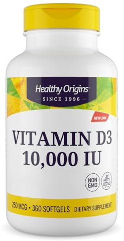 Healthy Origins, Vitamin D3, 360 glutenfreie Softgels, 10.000IU Vitamin D3 je Dosis, Sojafrei, GMO frei, Geschmacksneutral