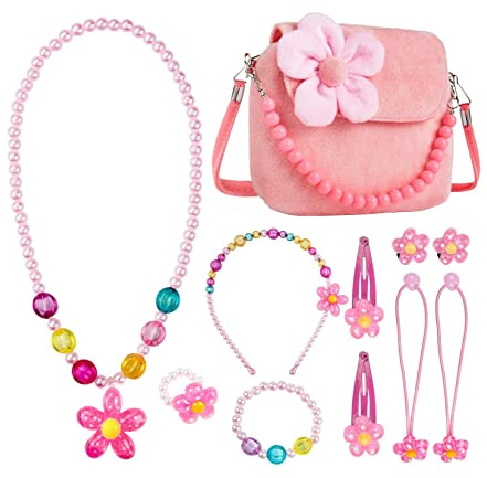 Jzhen Joyas para Niños, Niñas Bolso de Peluche Collar Pulsera Anillo Pinzas de Cabello Conjunto, Juguetes Niña Set de Joyas para Vestir Juego de Imaginación