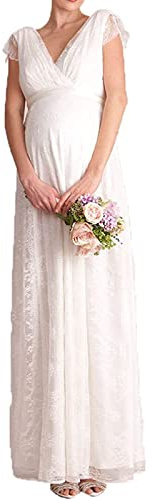 MXRFACTory Abito Premaman da Donna in Pizzo Scollo a V con Volant Manica Corta Maxi Abito da Sposa Fantasia Elegante Confortevole Gonna Lunga per Foto di maternità Fotografia Spiagge Club,001,S