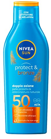 NIVEA SUN Latte Solare Protect & Bronze FP 50 200 ml, Crema solare 50 per un'abbronzatura dorata, intensa e uniforme, Protezione solare 50 con attivatore di melanina