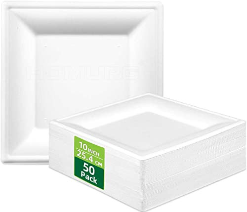 HOMURG assiette carrée en carton jetable anniversaire, solide grande assiette carree 25x25 cm, assiettes papier blanche présentation, vaisselle jetable pour anniversaire noël mariage de 50 pièces