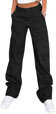 Lepunuo Cargo Pants for Women Baggy Zipper Y2K Pants Light Baggy Jogger Black