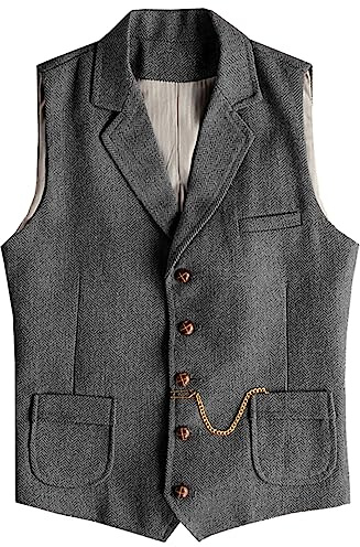 AeoTeokey Men's Western Herringbone Tweed Suit Vest Wool Slim Fit Waistcoat
