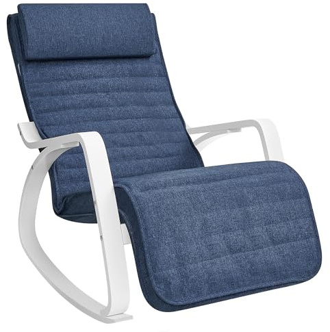 SONGMICS Fauteuil à Bascule, avec Accoudoirs en Bois, Chaise d’Allaitement, Repose-Pieds Réglable en 5 Positions, Capacité 150 kg, pour Chambre, Salon, Bleu Minuit et Blanc LYY011Q01