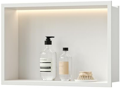 Neohomee Niche de Douche en Acier Inoxydable avec éclairage LED, Niche Murale Encastrée, Rangement Salle de Bain Blanc, 45 x 30 cm