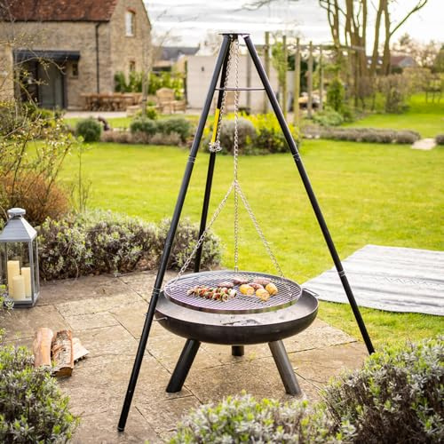 Hanging Tri-Grill - Weatherproof Metal Outdoor Garden Tripod with Hanging 65cm Chrome Plated Grill for BBQ Style Cooking - Measures H172 x W128 x D108cm, Firepit Not Included