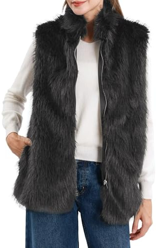 Amazhiyu Chaleco de piel sintética para mujer, chaleco de piel sintética con bolsillo, chaqueta de invierno con cuello redondo y cremallera, cárdigan cálido de felpa para exteriores, gris, M