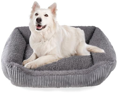 TWDEPART Orthopädisches Hundebett für mittelgroße Hunde, waschbares Plüsch-Hundesofa mit Cordbezug, rutschfest, Hellgrau, 89 x 63 cm