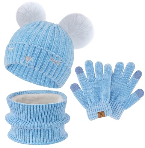 Bequemer Laden Niños Invierno Gorro Termicos Guantes Tactiles Bufanda Conjunto con Gorra Pompón Forro Polar Regalo Niñas Niños 3-10