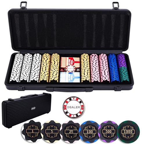 Engelhart - 320961 – Poker-Set – Koffer aus schwarzem Metall – 500 Chips 14 g nummeriert (1 bis 1000) + 2 Kartenspiele, 1 Croupier-Knopf, 5 Würfel