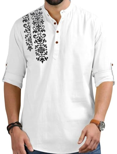 FINIVO FASHION Camicia kurta da uomo in misto cotone, vestibilità regolare, etnica, a maniche lunghe, colletto alla coreana, con bottoni, stile casual per tutti i giorni e per uso tradizionale, bianco