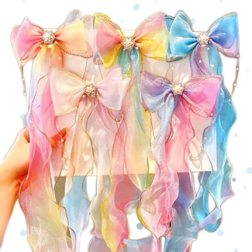 5PCS Princess Hair Bows, Colorful Ribbon Hair Clips, Rainbow Bowtie Long Tail, Hand-made Glitter Hair Accessories for Girls Kids Gifts