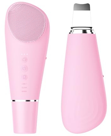 Stepcare Silicone Face Scrubber Blackhead Scraper Rechargeable 2-in-1 Facial Cleansing Brush & Skin Spatula Duo, IPX7 Waterproof Exfoliating Massager Deep Cleansing for Women and Men（Light Pink）