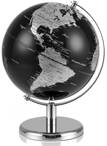 GOPLUS Globo Terráqueo Moderno Negro con Detalles Dorados/Plateados, Soporte Metálico, Base Antideslizante, Zona Horaria, Globo Terráqueo Decorativo de Mesa para el Hogar, la Oficina (Plata)