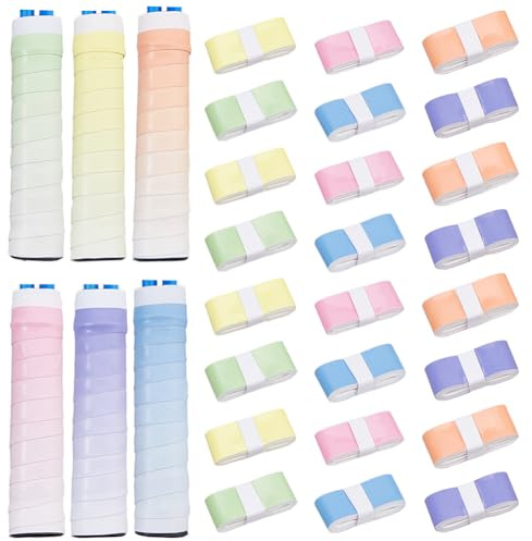 SUPERFINDINGS 24 Pièces 6 Couleurs Ruban de Prise Pour Raquette 2cm de Large Cuir PU Antidérapant Surprise Absorbant la Transpiration Pour Manche de Tennis Badminton Pickleball 43.3 / Rouleau