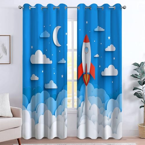 Rideau Occultant 2 Panneaux (Totale L183 cm x H214 cm) Rideaux Anti Bruit, Isolant Anti Froid A Oeillets, Décoration de Porte Fenêtre Intérieurs, Fusée Lancement Nuages Créativité Exploration Bleu