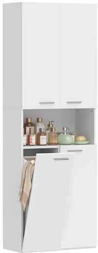 HOMCOM Mobile Bagno Alto, Mobiletto Bagno Salvaspazio con Cesto Portabiancheria a Ribalta, Armadietti a Ante Soft Close, Scomparto Aperto, per Lavanderia, Moderno, 60x30x174 cm, Bianco