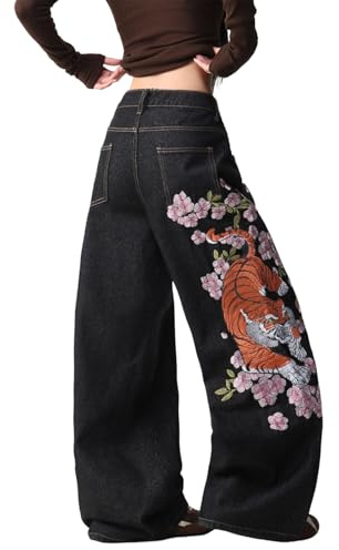 OYICAI Women's Wide Leg Floral Embroidery Baggy Jeans Denim Pants | Loose Fit, Skater Streetwear, Casual Relaxed Fit, Hip Hop, Trendy Y2K 2000s Trousers