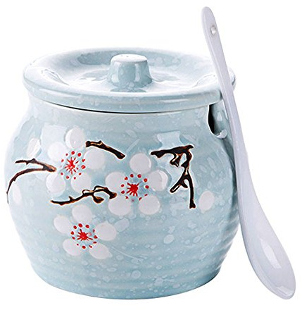 Ceramic Flower Sugar Bowl Seasoning Pot Salt Pepper Storage Jar with Lid And Spoon