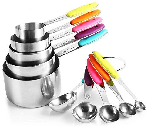 XINGXINRONG Lot de 10 Cuillères doseuses Mesure Tasses avec Poignées Acier Inoxydable Cuillère à Mesure Cuisine Mesure Cup (5 Tasses + 5 Cuillères)
