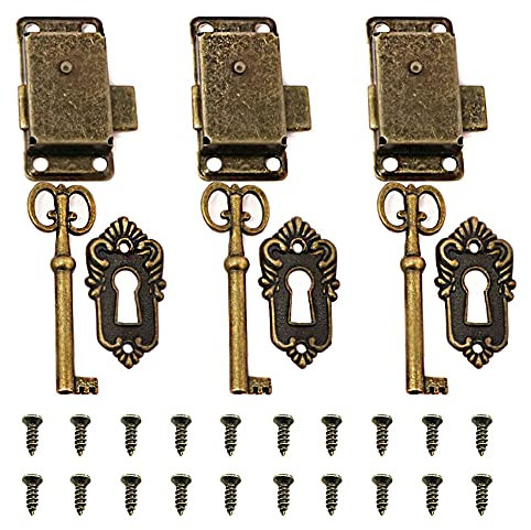 Tingz 3 Cerraduras Antiguas para Muebles - Cerradura Vintage para Armarios con Llaves y Tornillos - 53x26mm para Buzones, Cajas Fuertes, Armarios y Cajas de Herramientas (Bronce)