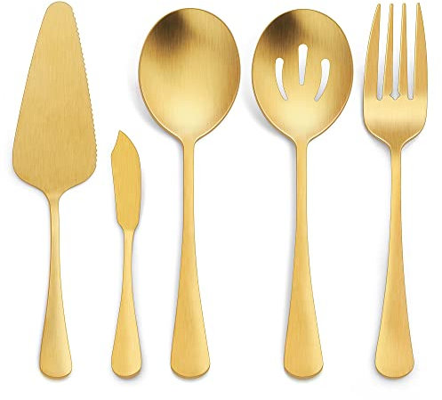 LIANYU Juego de utensilios de servir de 5 piezas, color dorado mate, juego de servir de acero inoxidable que incluye cuchara y tenedor, piezas de servir cubiertos para catering de bufé, acabado