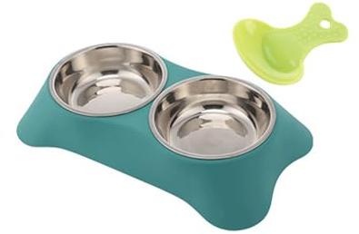 Double Dog Bowl,Non Slip Stainless Steel Double Bowls (Dark Green, M) | Non-spill Pet Double Bowls with 1 Pet Food Spoop For Small Dogs and Cats