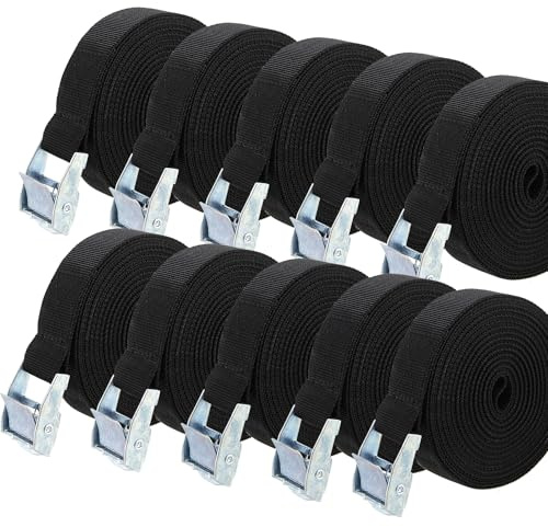HAKZEON 10 Pack 3mx25mm Tie Down Lashing Straps,Adjustable Tensioning Belts | Cam Buckle Securing Straps for Bicycle Carrier Cargo Trailer Car Luggage, Black