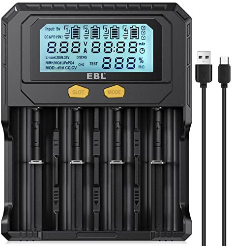 EBL Chargeur Accu Lithium, avec Écran LCD Intelligent pour Li-ION IMR 18650 14500 16340 26650 et NiMH NICD AA AAA C D Piles Rechargeables