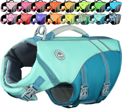 VIVAGLORY Sports Style Dog Life Vest, Dog Life Jacket for Swimming & Boating, Ripstop & Buoyancy for Puppy Doggy, Lifejacket with Handle, L, Cyan