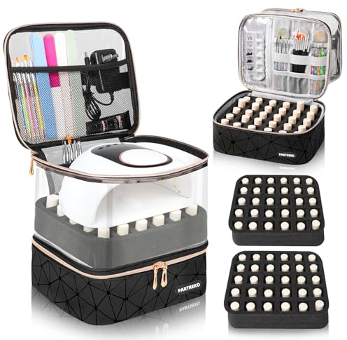 Partreko Clear Nail Polish Organizer Holds 60 Bottles (15ml/0.5fl.oz)& Nail Lamp, Double Layer Nail Supplies Organizer Case Transparent, PU Leather Nail kit Storage Bag for Manicure Tools (Black)