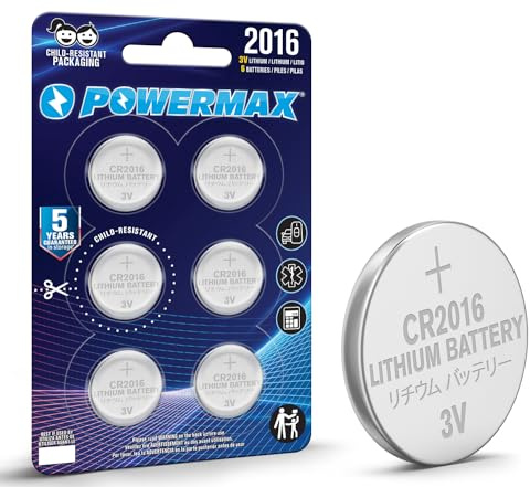 Powermax 6-Count CR2016 Batteries, Lithium 3V Coin Cell Button Battery Pack for Watch and Small Electronics, 5 Year Shelf Life