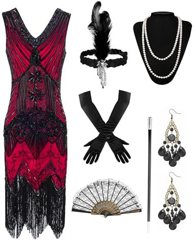 BIQIQI 20-talsdräkt dam Gatsby-klänning, 1920-tals Charleston-klänning, fransklänningar med paljetter och fransar, kostym med 20-talstillbehör för maskerad karneval