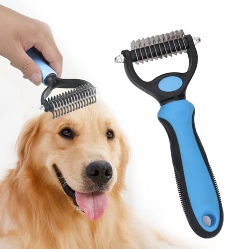 AOMiGT Hundebürste Katzenbürste Langhaar, Unterwolle Bürste, 2-seitig, Blau, für Langhaar-Hunde und -Katzen, unisex, alle Altersgruppen