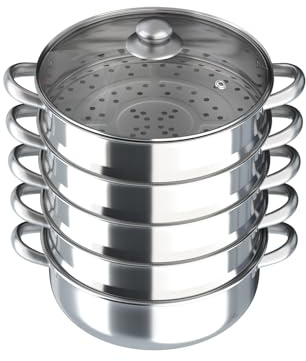 LANNADD 5 Etagen Dampfkocher, 30cm Dampfgarer Dampfkocher Edelstahl Biodampfkocher, Mit Glasabdeckung Dampftopf für Alle Herdarten Kochtopf für Gardampftopf Dampfkochtopf Induktion