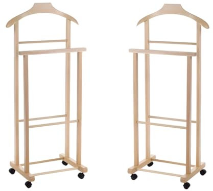 Kleiderständer für Schlafzimmer, natürliches Buchenholz, doppelter Diener mit 4 Rollen, hergestellt in Italien (2 Stück)