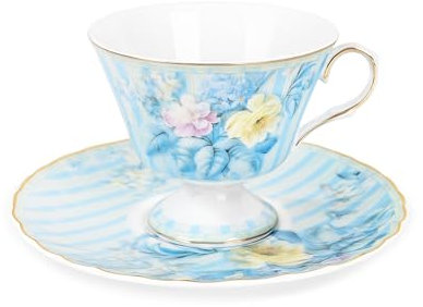 fanquare Set di tazze e piattini in Porcellana d'osso, Tazze da Caffè con fiori d'ortensia blu, Tazza da tè in Porcellana Britannica vintage da 170ml per regali da donna