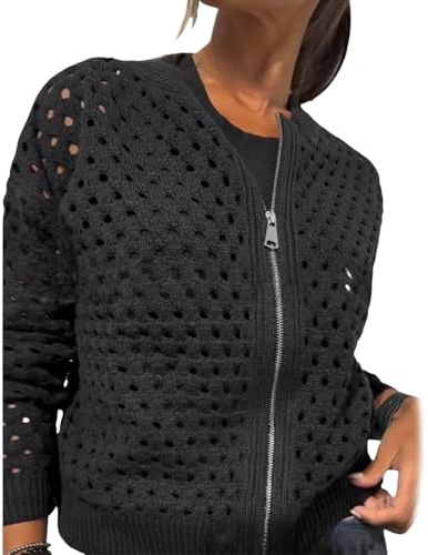 Whimsyard Chaqueta de punto para mujer con cremallera y recortes, suéter de ganchillo con cremallera para mujer, parte superior de punto hueco para mujer, prendas de abrigo de punto de ganchillo