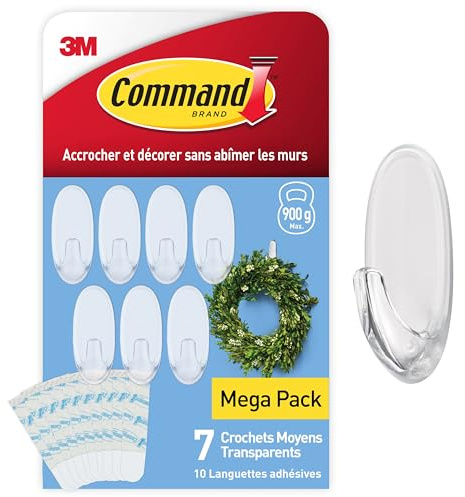 Command Ganchos transparentes medianos con tiras transparentes, paquete múltiple de 7 ganchos + 10 tiras adhesivas, uso en interiores, aptos para colgar artículos de hasta 900 g, colgar sin daños