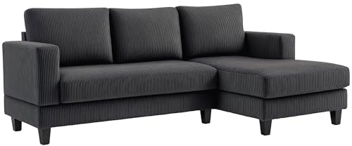 HOMCOM Ecksofa Couch mit Chaiselongue 3 Sitzer Sofa L Form Gepolsterte Eckcouch mit Cord-Optik, Hochdichtem Schaumstoff, bis 400 kg, für Wohnzimmer, Schlafzimmer, 214 x 134 x 87 cm Dunkelgrau