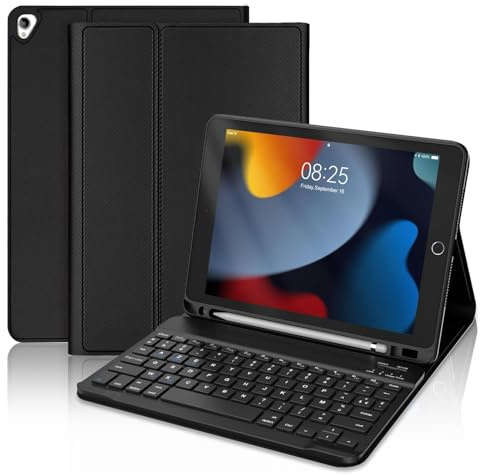 IVEOPPE Clavier Coque pour iPad 9ème/8ème/7ème Génération 2021/2020/2019 10.2”/iPad Air 3 10.5 2019/iPad Pro 10.5, AZERTY Français Magnétique Amovible Clavier Bluetooth Etui avec Porte Crayon, Noir